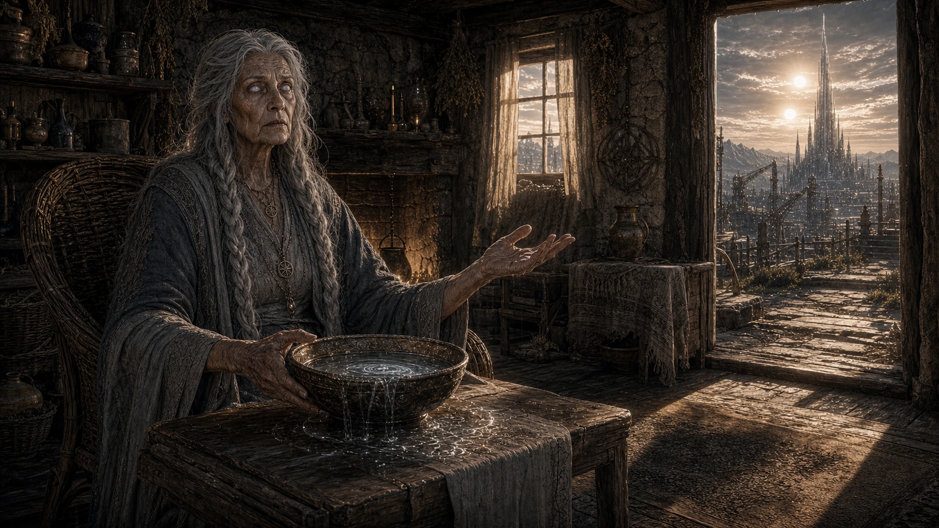 Elara la Vidente, anciana mentora de Lyandro, voz del río.